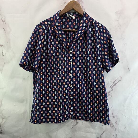 Vintage Levis Shirt Womens Large Blouse Navy Button Up 70s Retro Pattern Disco - Picture 2 of 10